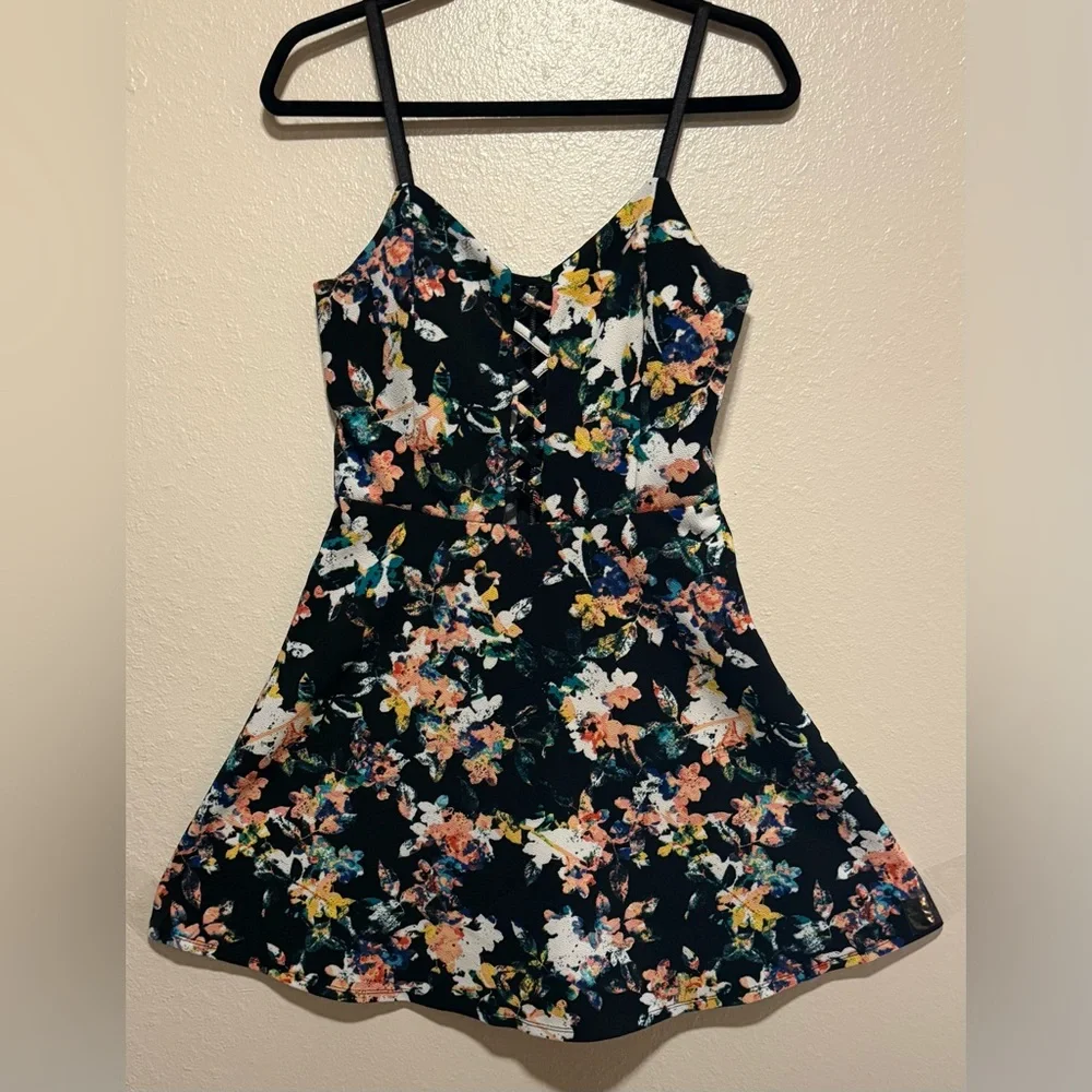 Material Girl Floral Mini Dress Large Strappy Fit & Flare Summer Casual Dress